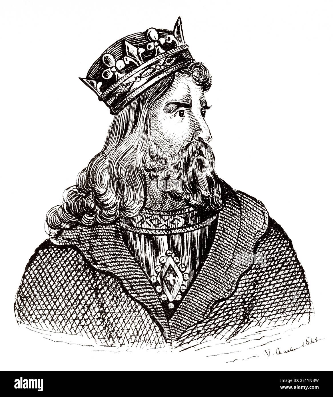 Portrait of Chilperic I (537 - 584). King of France from 567 to 584. Merovingian Dynasty. History of France, from the book Atlas de la France 1842 Stock Photo