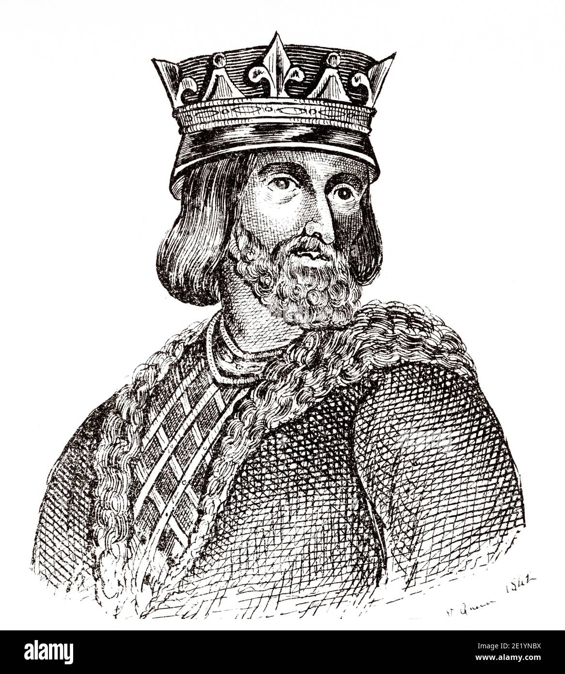 Portrait of Chlothar II the Great, the Young or Clotaire II (583 - 628). King of France from 584 to 628. Merovingian Dynasty. History of France, from the book Atlas de la France 1842 Stock Photo