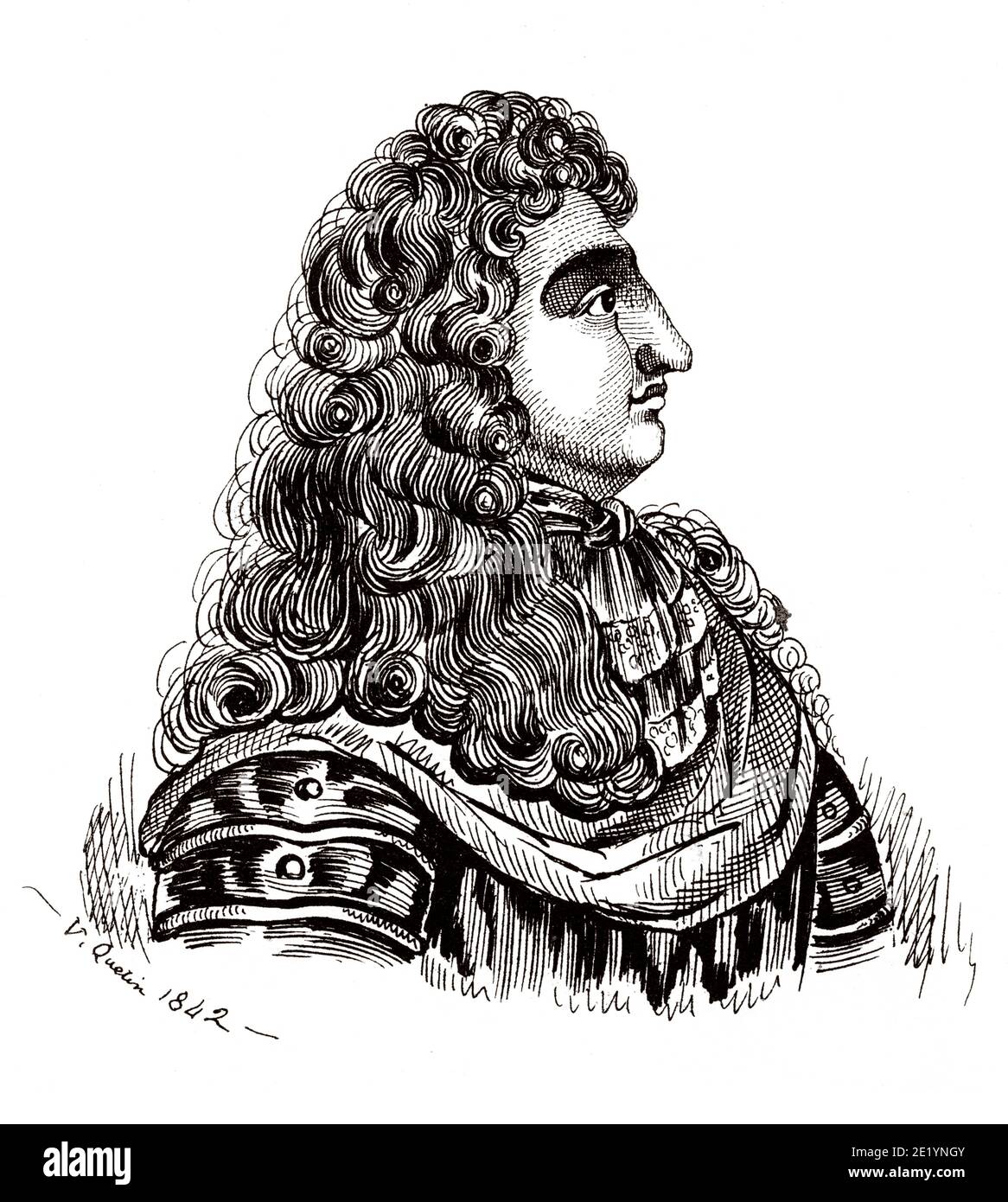 Portrait of Louis XIV the Great, the Sun King (1638 - 1715). King of France from 1643 to 1715. House of Bourbon. History of France, from the book Atlas de la France 1842 Stock Photo