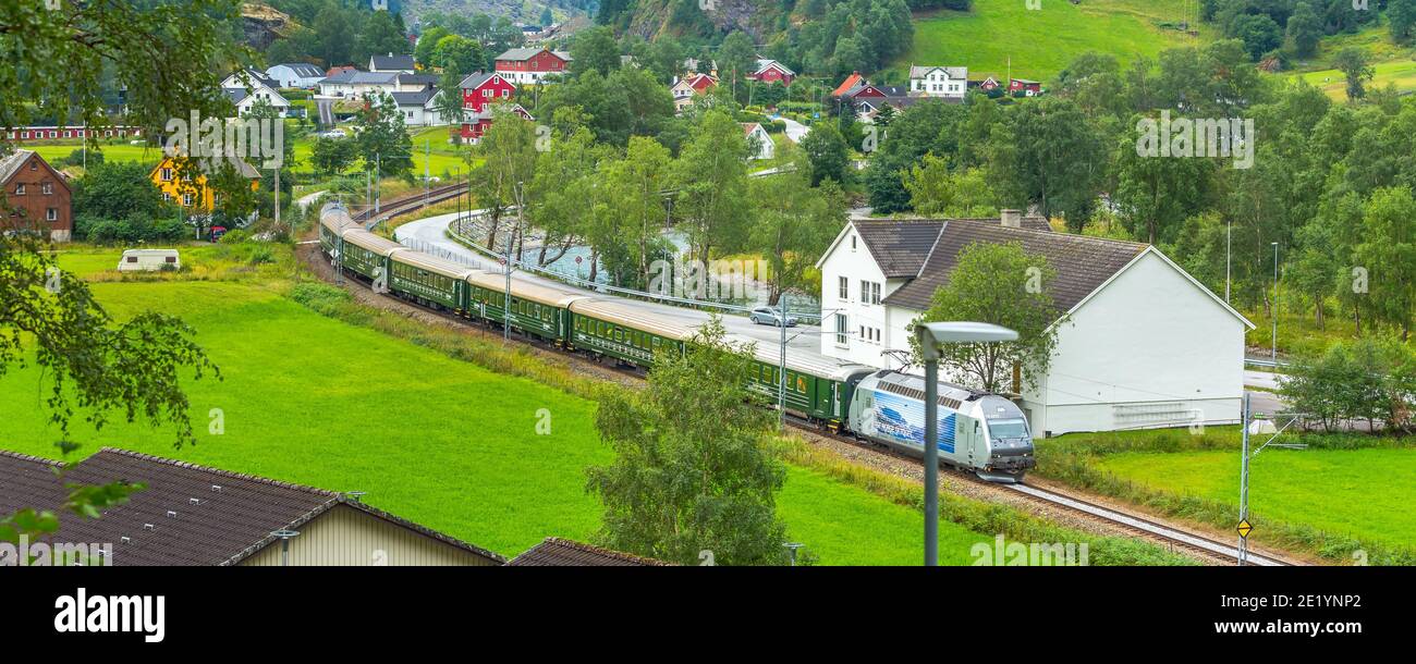 Flam, Norway - July 31, 2018: Myrdal Flamsbana train in Norwegian village near Sognefjord fjord, local landmark Stock Photo