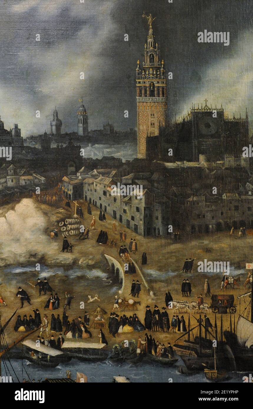 View of Seville, c. 1590. Painting attributed to Alonso Sánchez Coello (1531-1588). Oil on canvas. Detail. Prado Museum, on deposit at the Museum of the Americas. Madrid, Spain. Stock Photo