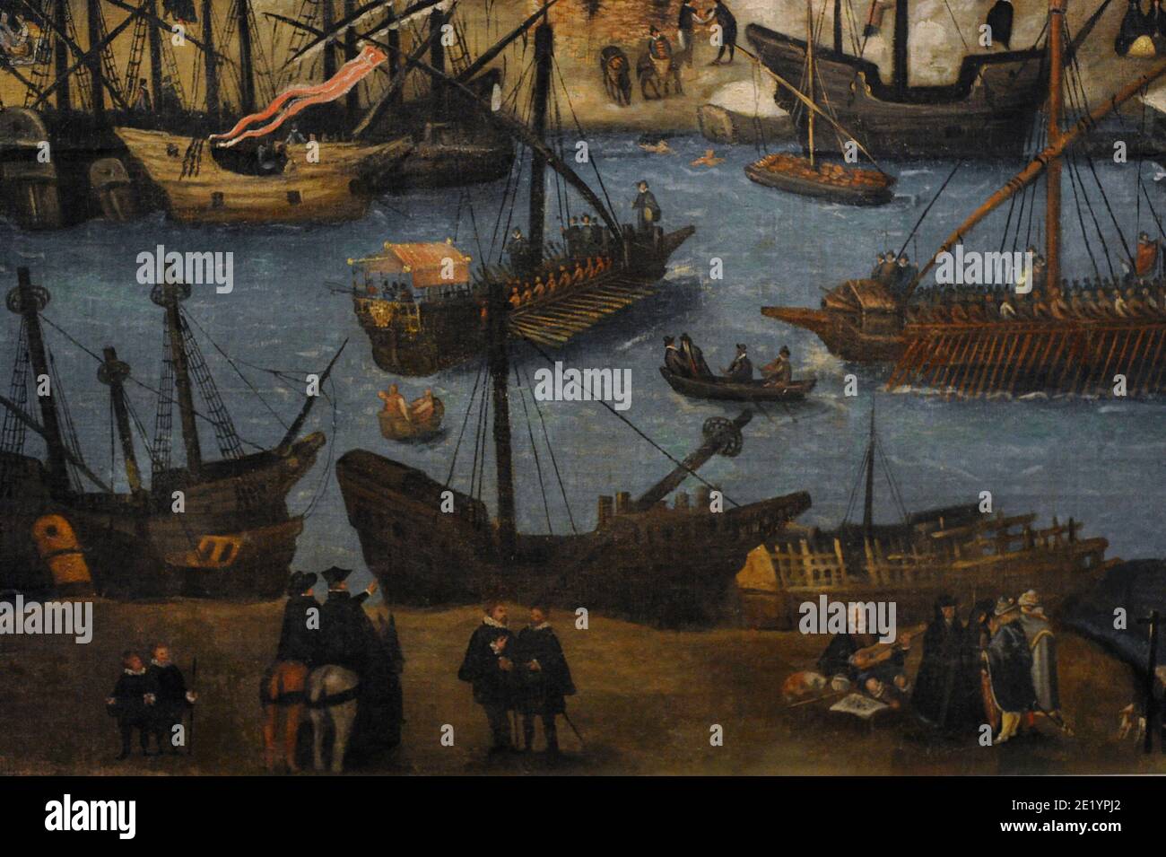 View of Seville, c. 1590. Painting attributed to Alonso Sánchez Coello (1531-1588). Oil on canvas. Detail. Shipyard on the river Guadalquivir. Prado Museum, on deposit at the Museum of the Americas. Madrid, Spain. Stock Photo