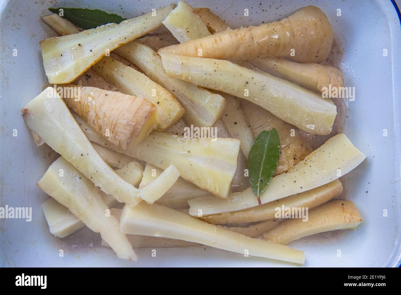 Parsnips for Christmas dinner about to go in the oven Stock Photo