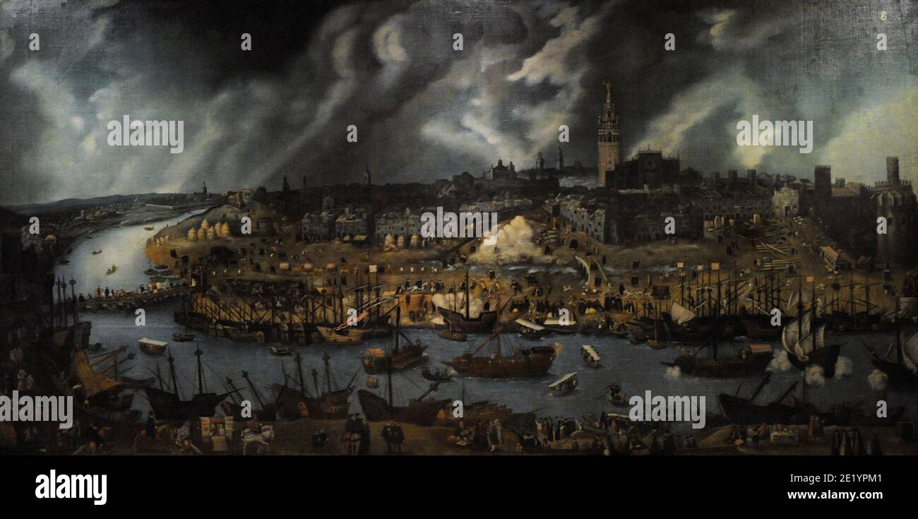 View of Seville, c. 1590. Painting attributed to Alonso Sánchez Coello (1531-1588). Oil on canvas (295 x 146 cm). Prado Museum, on deposit at the Museum of the Americas. Madrid, Spain. Stock Photo