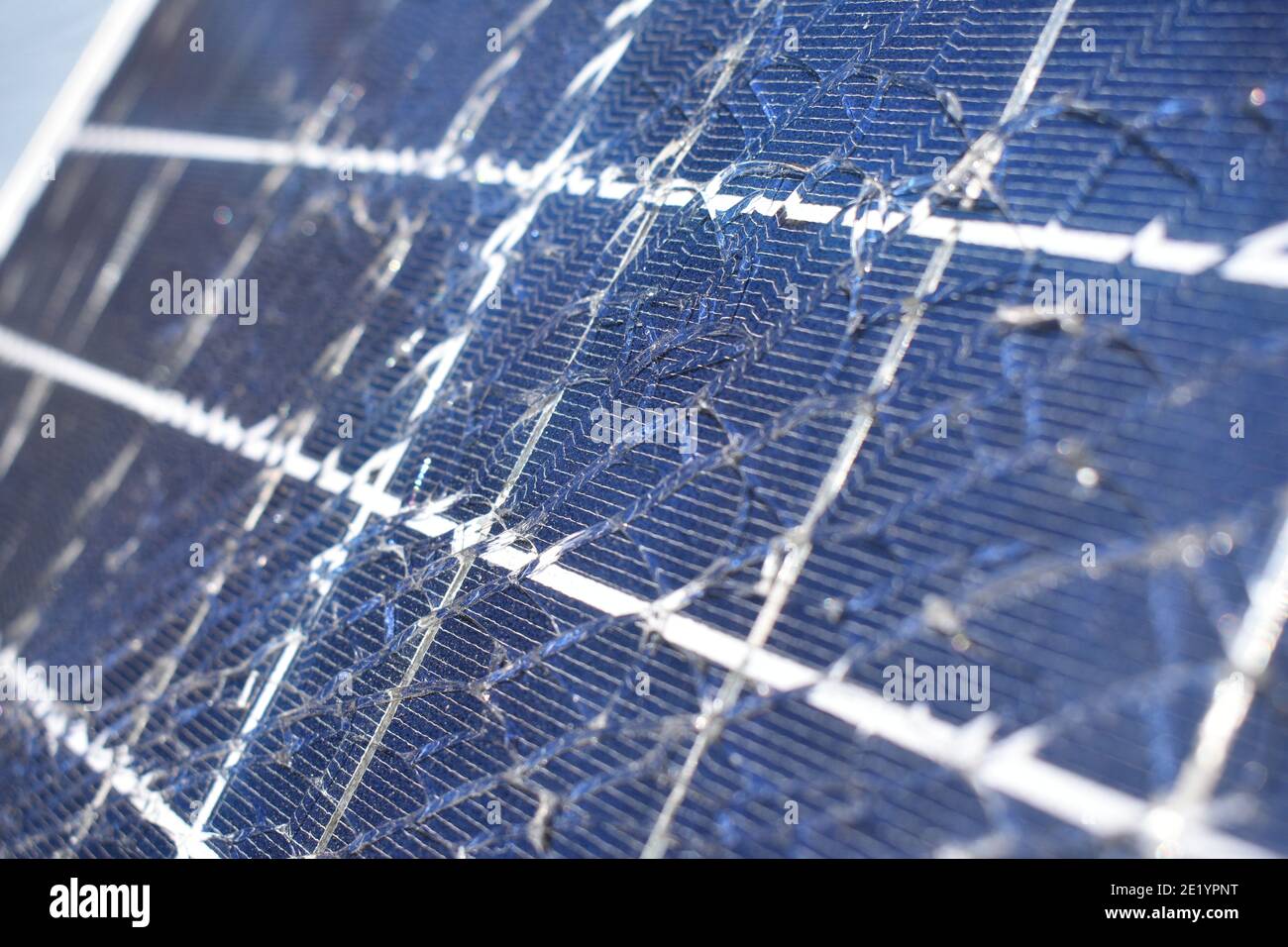 Close up of a broken solar panel that was damaged during a hailstorm