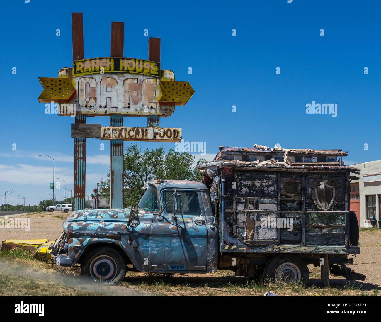 A sign for the abandoned Ranch House Cafe on historic Route 66