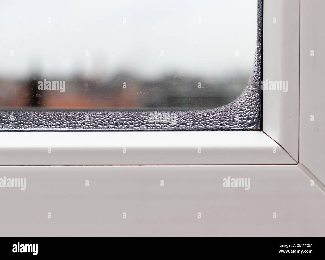 Water condensating in edge of window creating droplets leading to mold. Stock Photo