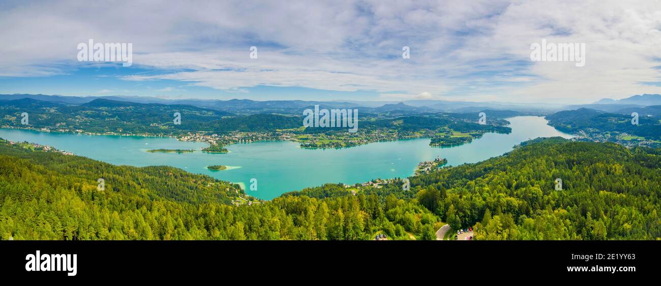 Aerial view of the alpine lake Worthersee, famous tourist attraction for many water activity in Klagenfurt, Carinthia, Austria Stock Photo