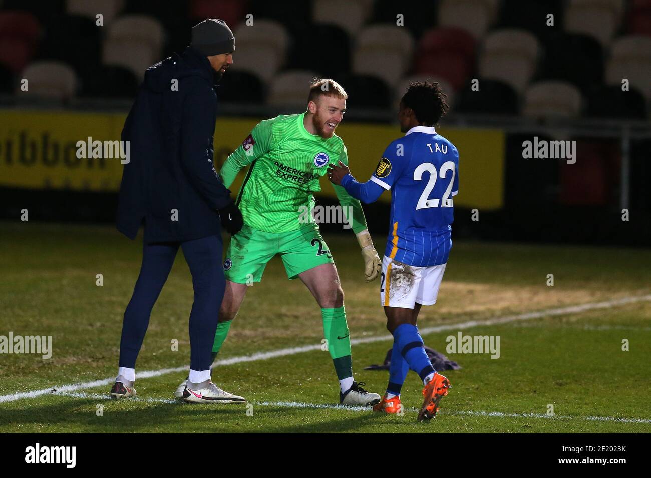 Newport, South Wales, UK. 10th January, 2021. Jason Steele, the goalkeeper of Brighton & Hove Albion celebrates at end of the game after his saves in the penalty shootout. The Emirates FA Cup, 3rd round match, Newport County v Brighton & Hove Albion at Rodney Parade in Newport, South Wales on Sunday 10th January 2021. this image may only be used for Editorial purposes. Editorial use only, license required for commercial use. No use in betting, games or a single club/league/player publications. pic by Andrew Orchard/Andrew Orchard sports photography/Alamy Live news Stock Photo