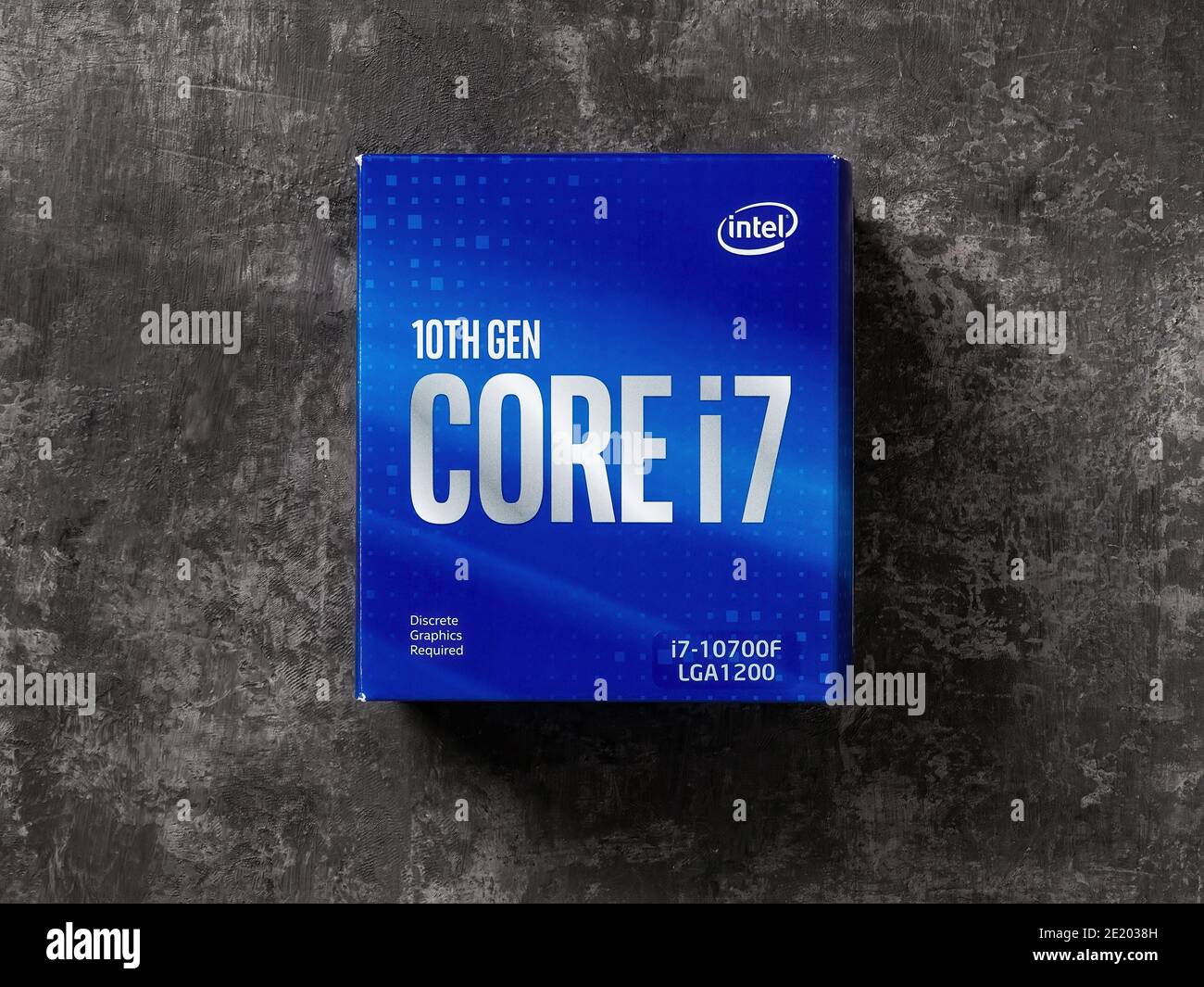 Varna, Bulgaria, January 09, 2021. Intel Core i7-10700F processor blue ...