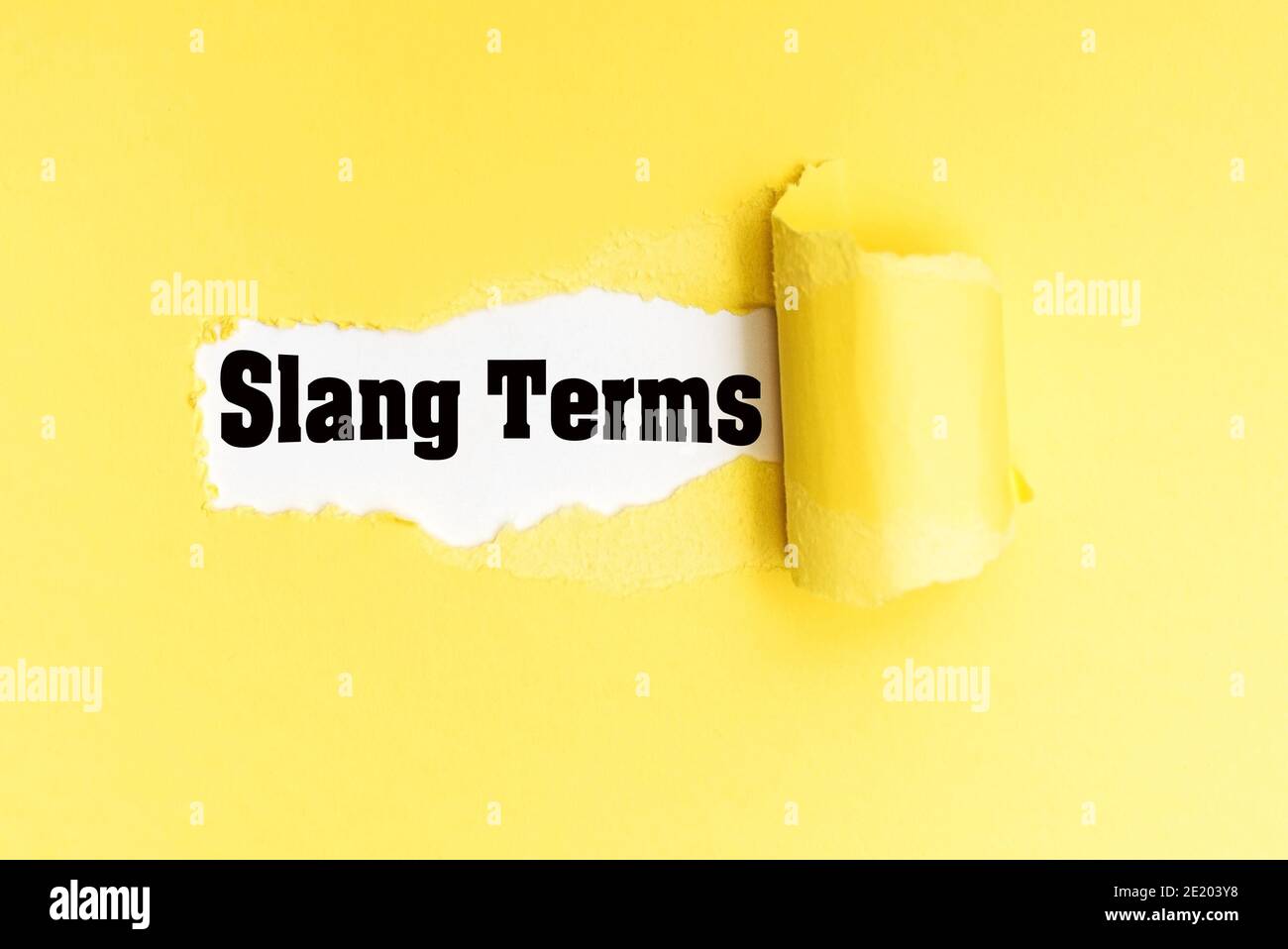 English phrase Slang Terms written on torn yellow paper. Stock Photo