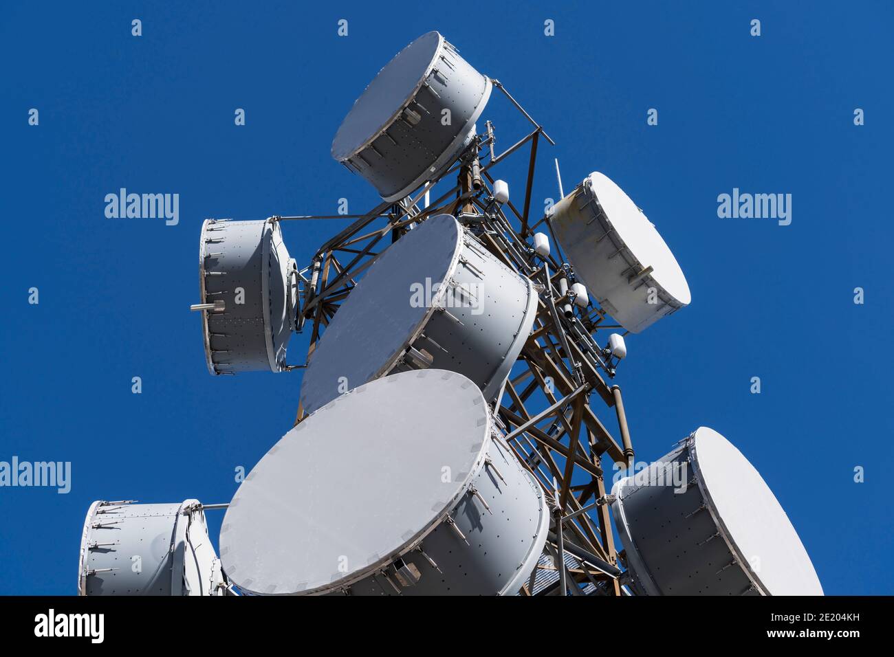 View of bass drum style microwave antennas on tall communications tower. Stock Photo