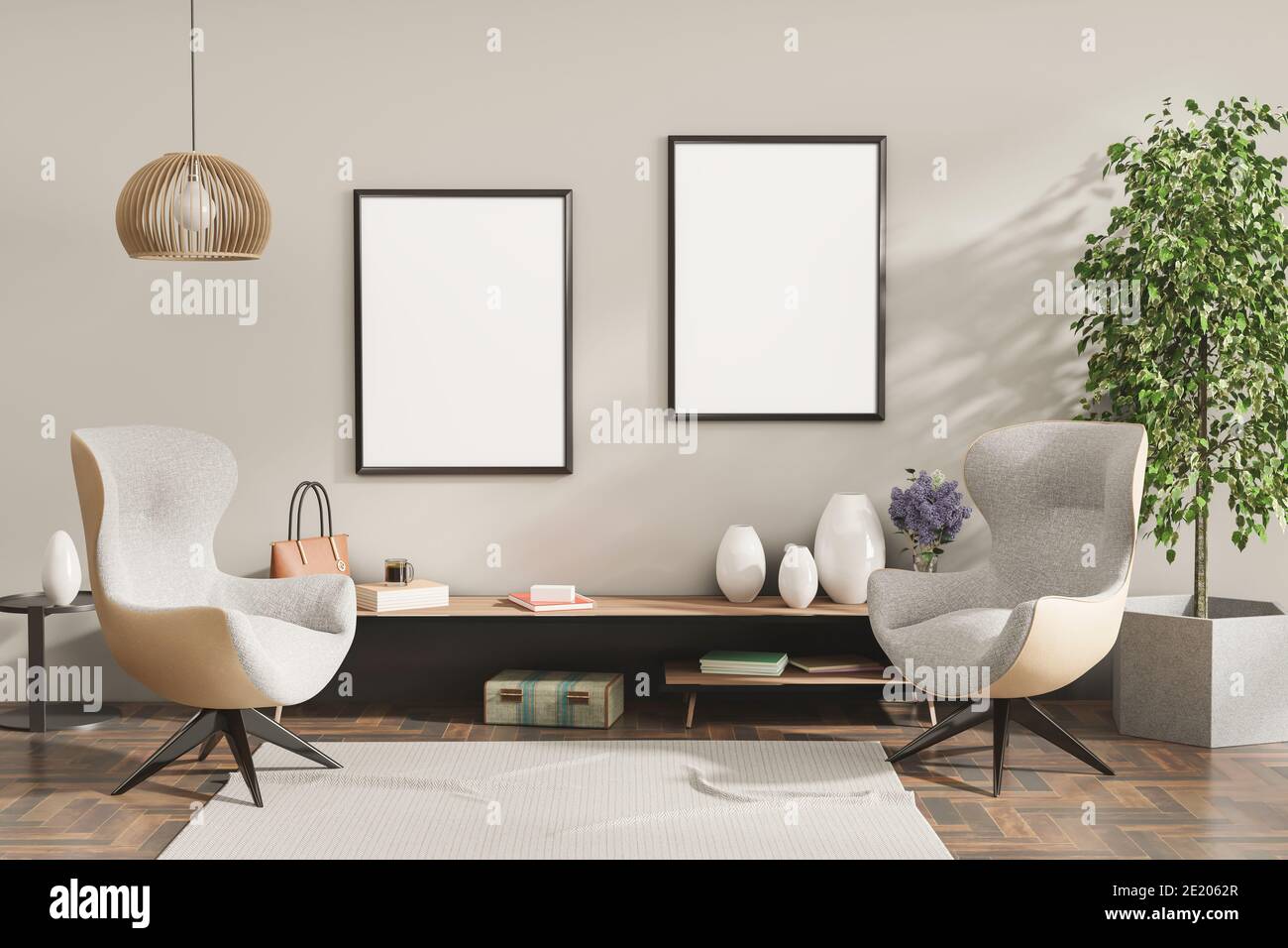 Mock up frame in home interior background, living room with natural furniture, Scandinavian style 3d illustration Stock Photo