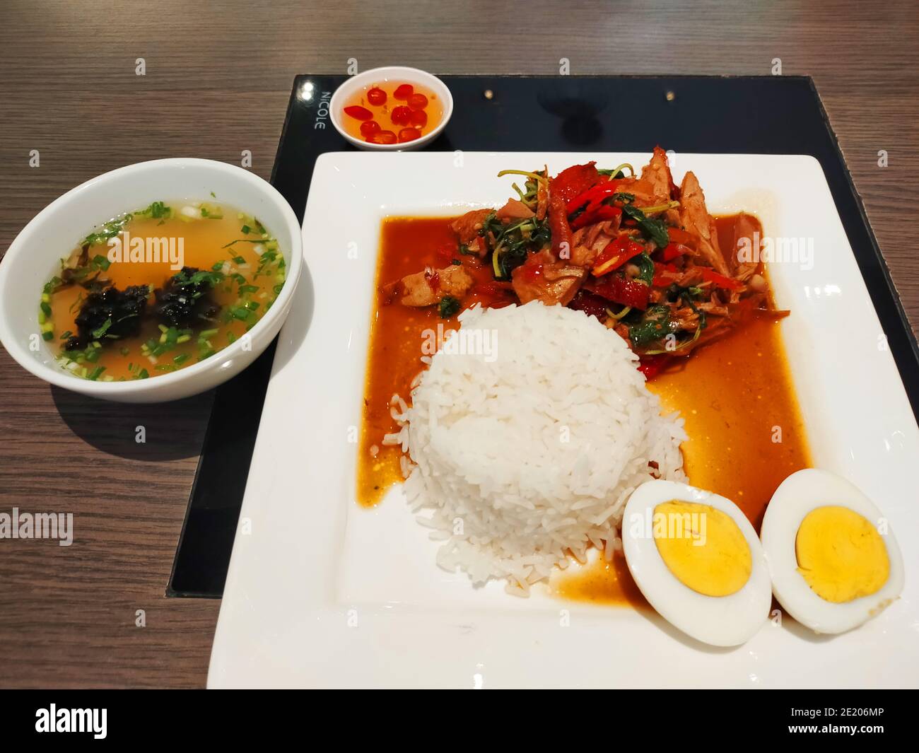 Steamed rice with boiled egg in white plate Stock Photo Alamy