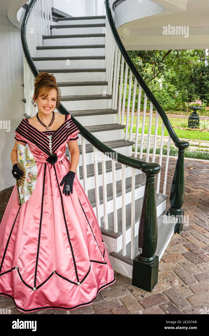 Alabama Mobile Oakleigh Historic Complex 1833 Greek Revival Mansion,woman female guide period dress outfit staircase, Stock Photo