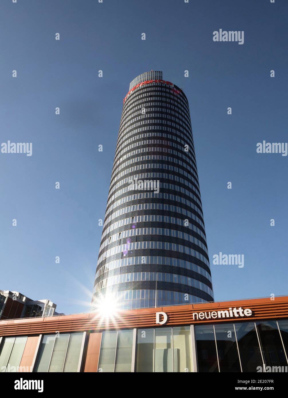 Panoramic view of JenTower skyscraper glass tower building modern architecture in Jena Thuringia Germany in Europe Stock Photo