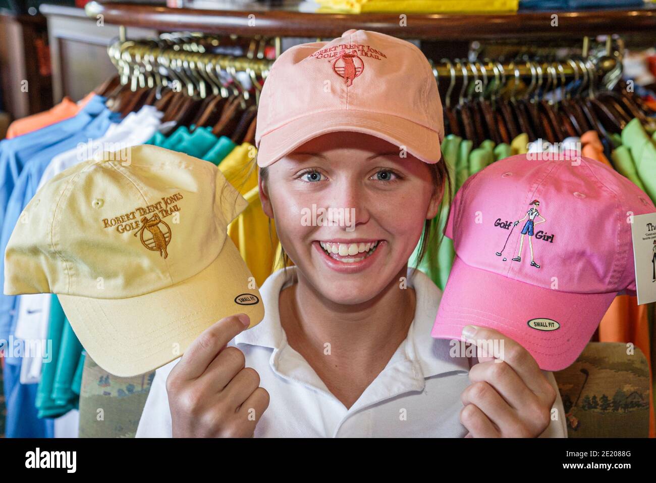 Alabama Greenville Cambrian Ridge Golf Course,Robert Trent Jones Golf Trail golfer player woman female Pro shop,hats caps shopping shopper, Stock Photo