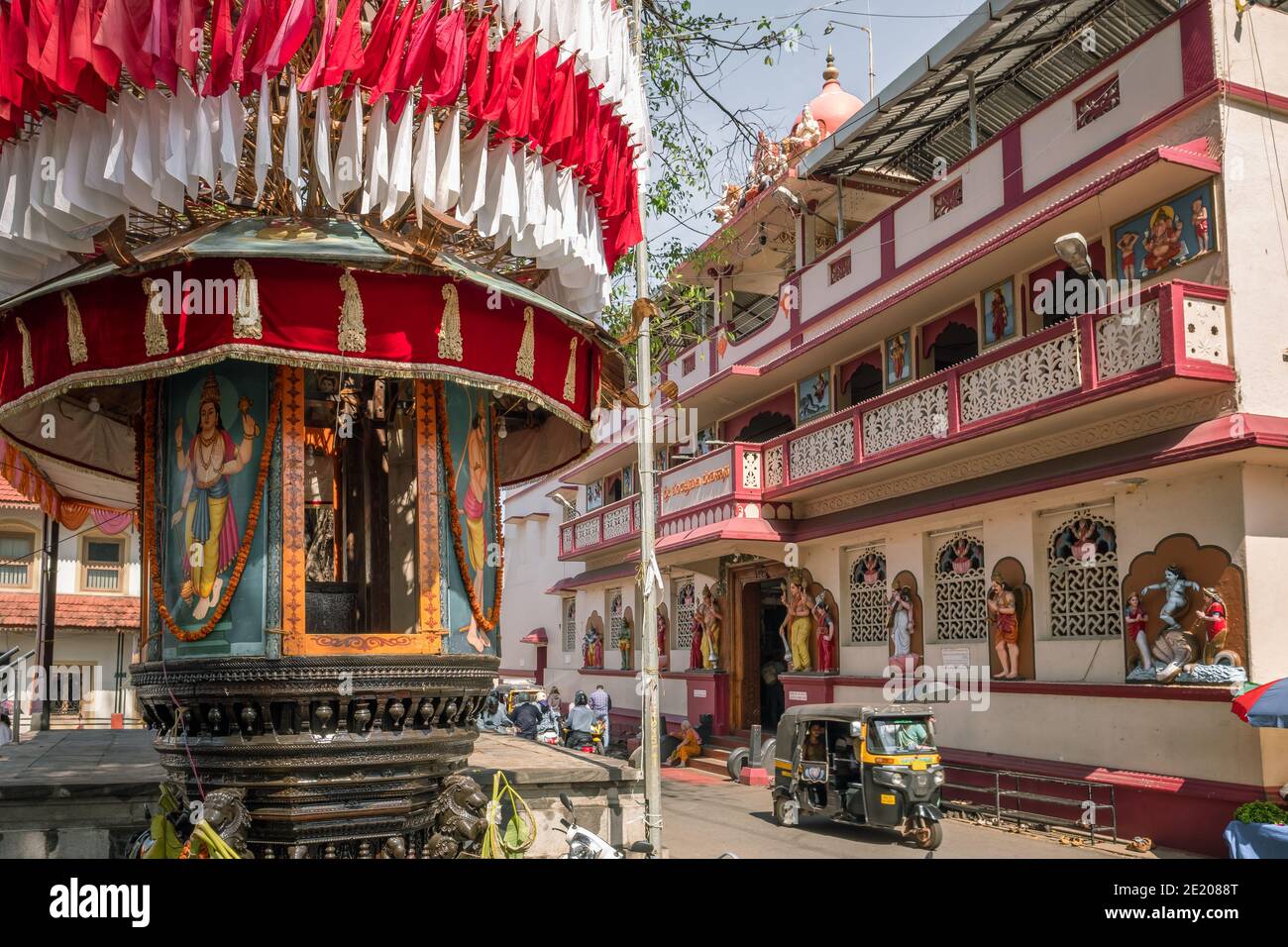 Mangalore street scene with a temple square view, Karnataka state, India. Stock Photo