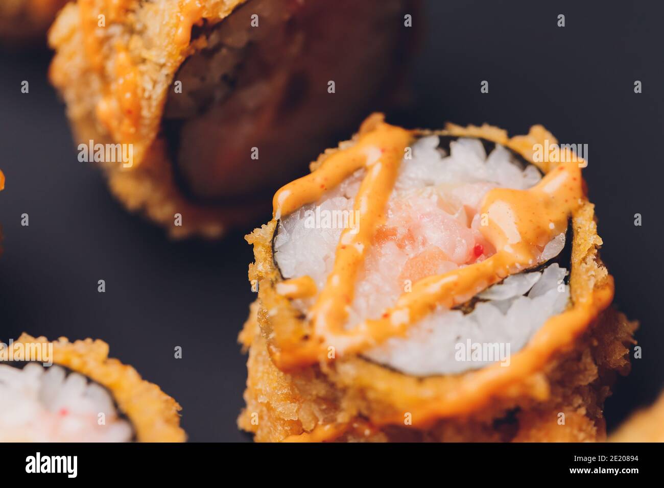 sushi rolls tempura,japanese food style ,Traditional Japanese cuisine,  Crunchy Shrimp Tempura Roll Stock Photo - Alamy