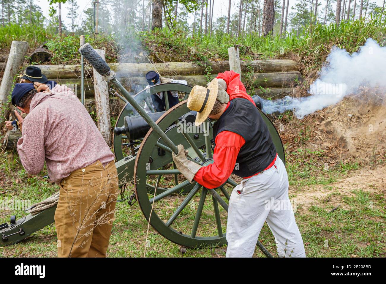 Alabama Historic Blakeley State Park Civil War reenactment,Battle of Blakeley Union soldiers fire cannon blast smoke, Stock Photo