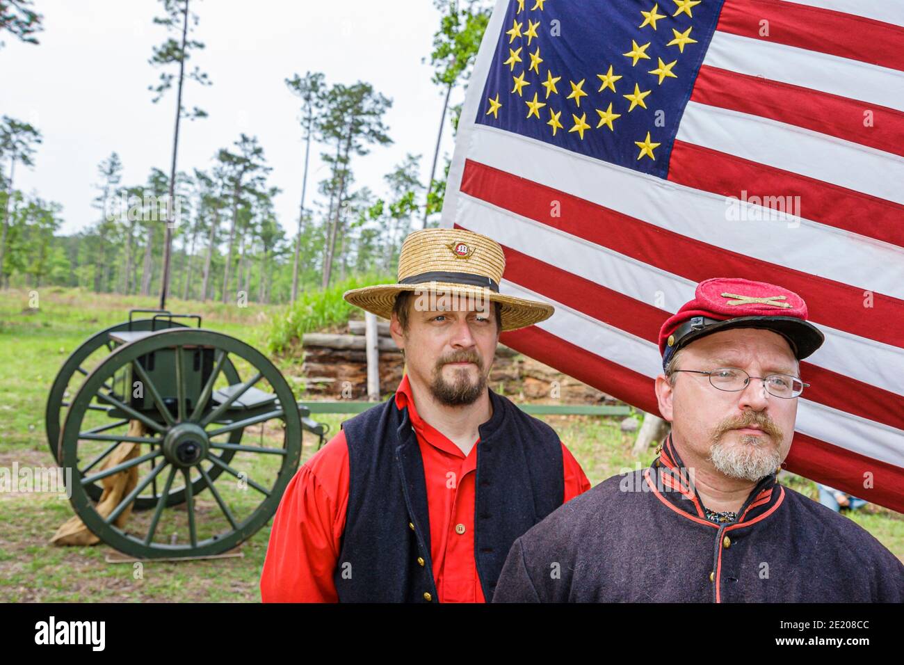 Alabama Historic Blakeley State Park Civil War reenactment,Battle of Blakeley Union soldiers flag, Stock Photo