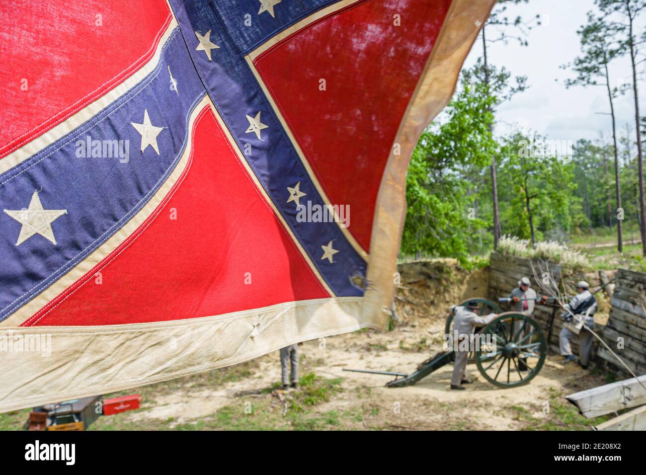 Alabama Historic Blakeley State Park Civil War reenactment,Battle of Blakeley Confederate soldiers flag cannon, Stock Photo