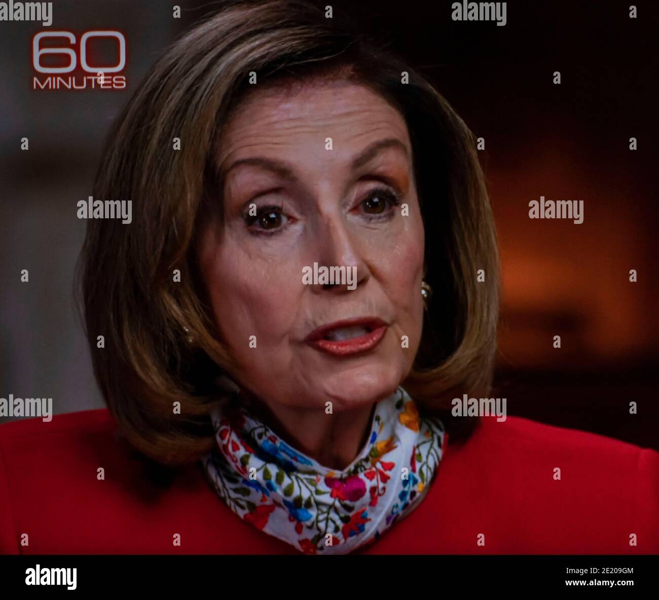 January 10, 2021, Washington, District of Columbia, USA - Speaker of the House NANCY PELOSI is interviewed by Lesley Stahl on the long-running CBS News magazine show, '60 Minutes.' During the interview, Pelosi stated that ''.the person that's running the Executive Branch is a deranged, unhinged, dangerous President of the United States.(Credit Image: © Cbs/60 Minutes/ZUMA Wire) Stock Photo