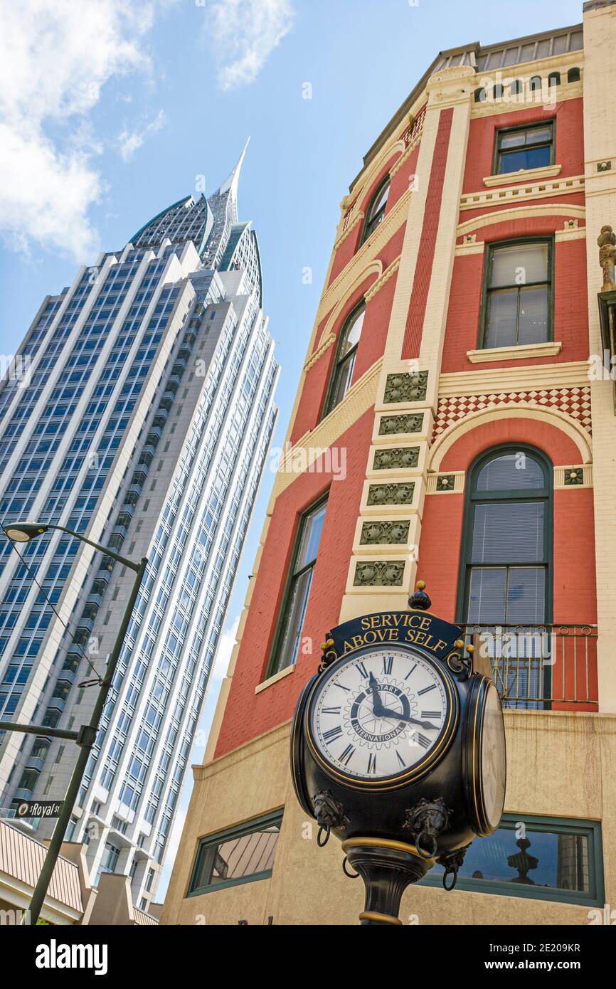 Alabama Mobile Lower Dauphin Street Historic District,Royal Street clock RSA Battle House Tower skyscraper, Stock Photo
