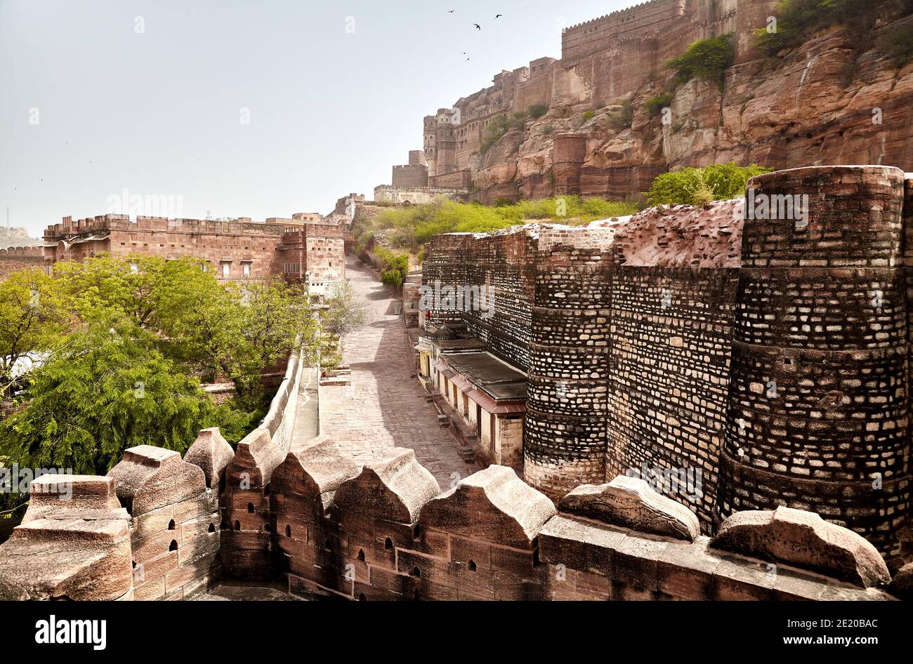 Mehrangarh fort walls and towers at sunset in Blue City of Jodhpur, Rajasthan, India Stock Photo