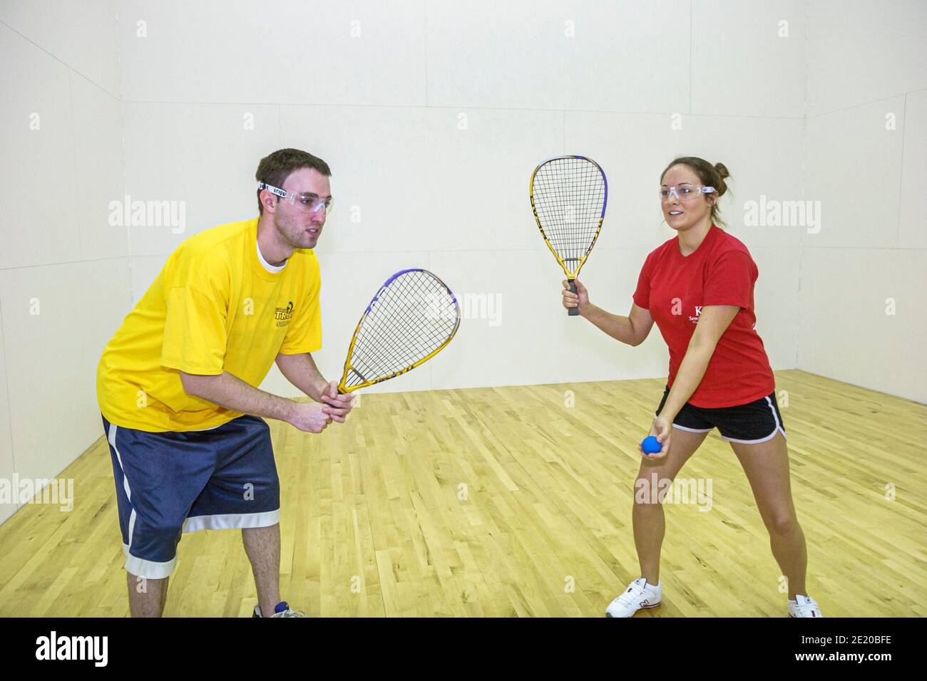 Alabama Troy Community Recreation Center centre Sportsplex,racquetball court man woman female playing wearing safety glasses, Stock Photo