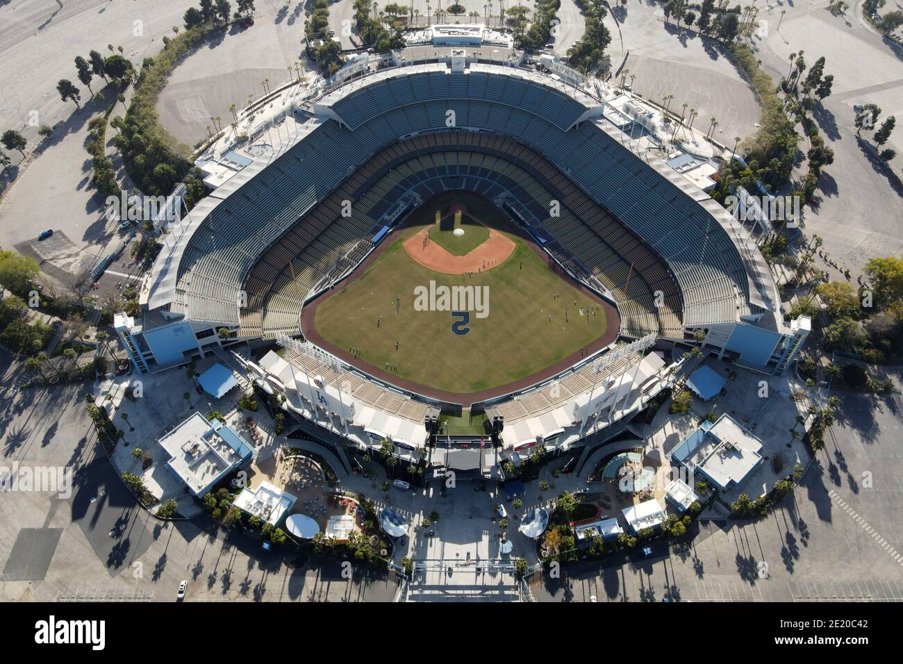 An aerial view of Dodger Stadium with the No. 2 in centerfield in honor ...