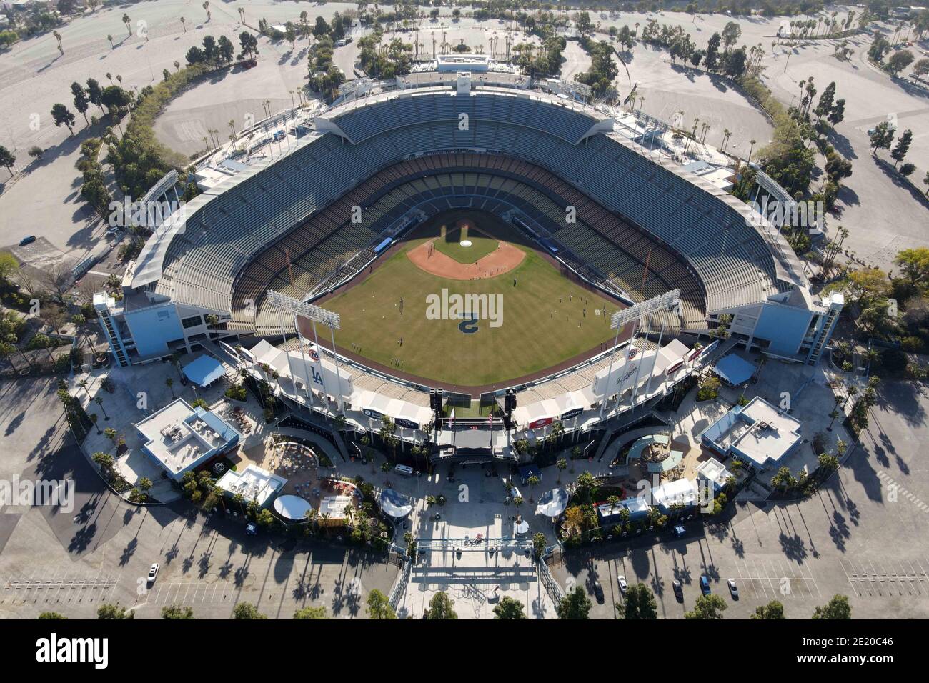 An aerial view of Dodger Stadium with the No. 2 in centerfield in honor ...
