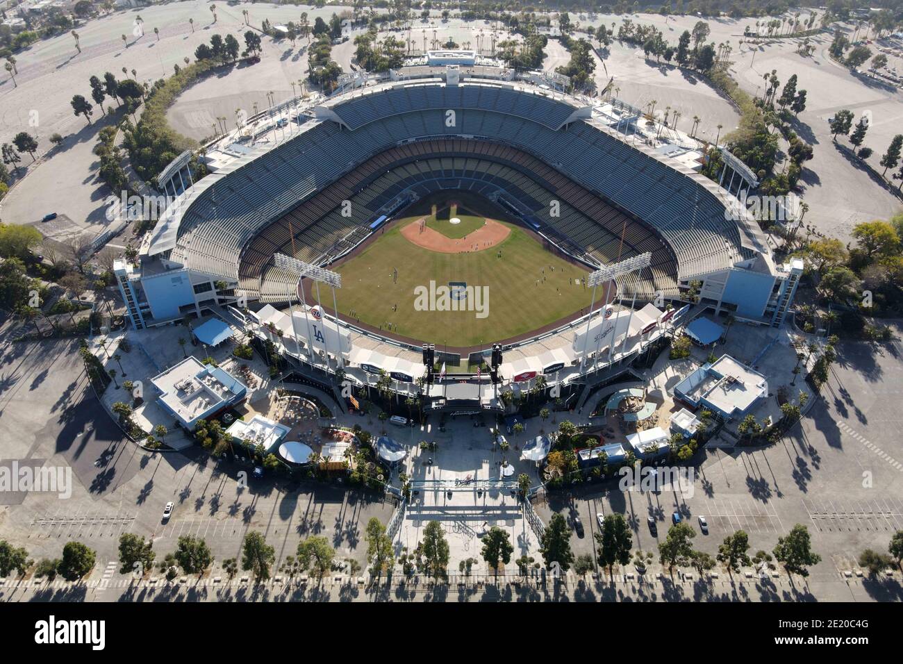 An aerial view of Dodger Stadium with the No. 2 in centerfield in honor