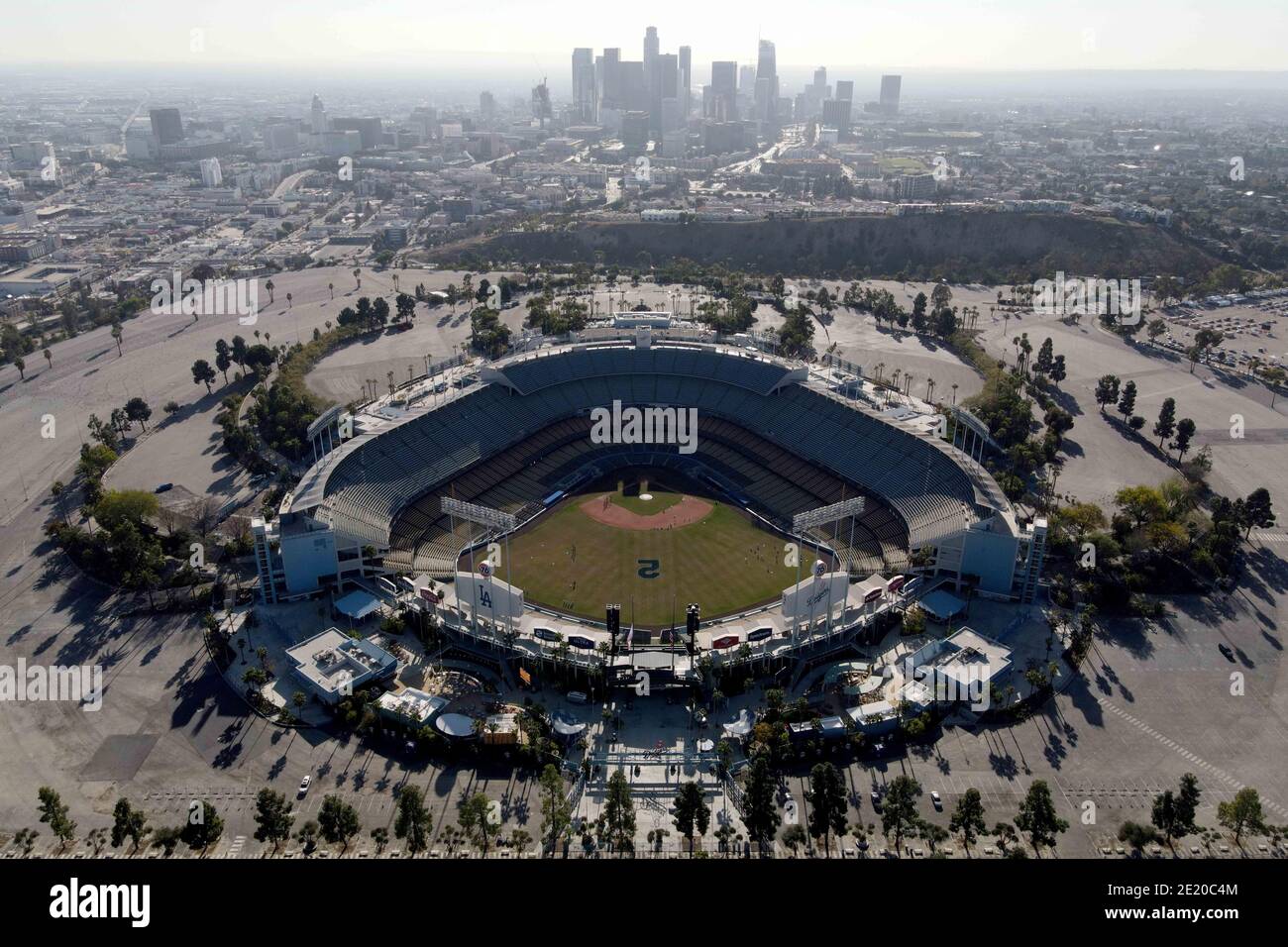 An aerial view of Dodger Stadium with the No. 2 in centerfield in honor ...