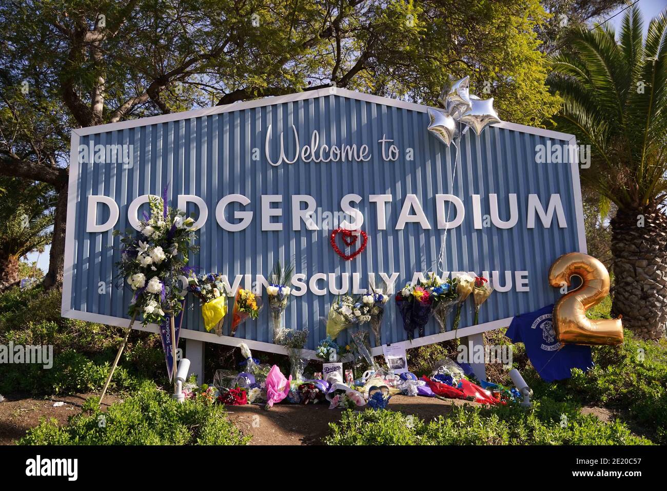 A memorial at Dodger Stadium to  honor of former Los Angeles Dodgers manager Tommy Lasorda, Saturday, Jan. 9, 2021, in Los Angeles. Lasorda, the fiery Stock Photo