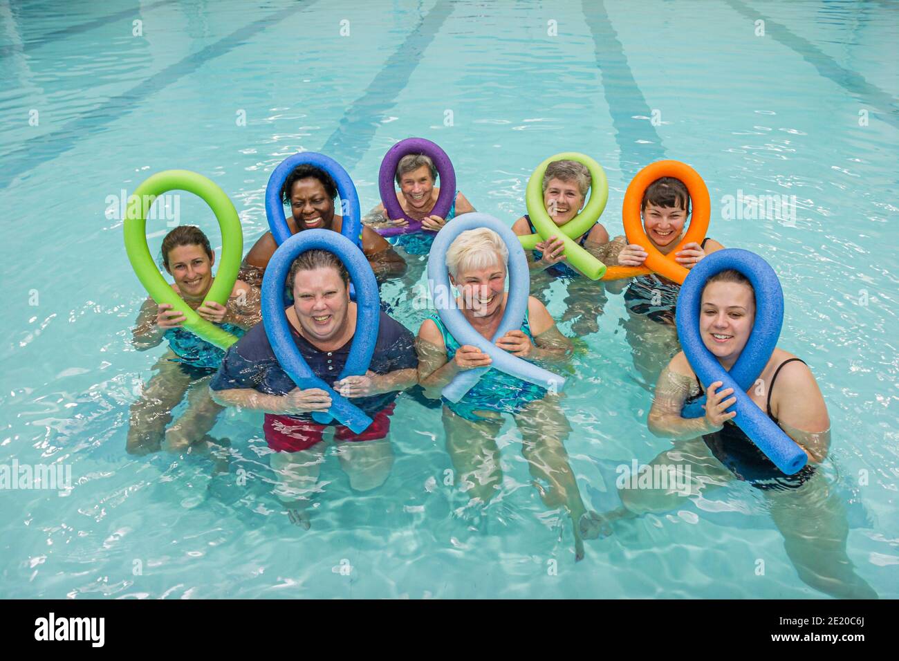 Alabama Dothan James W. Grant Recreation Center centre,indoor swimming pool Black senior women women's water aerobics class,noodle noodles, Stock Photo