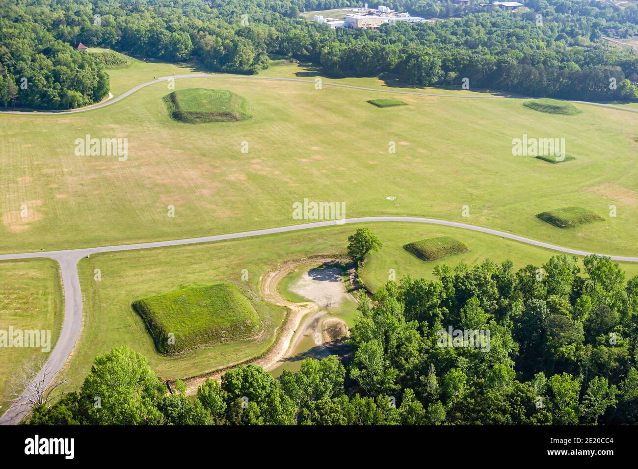 Alabama Moundville Archaeological Park Site,Middle Mississippian Era culture Native American Indian,historical village museum,aerial overhead view,pla Stock Photo