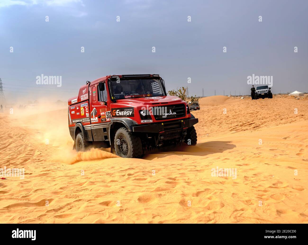 Horimlaa, Saudi Arabia - January 7, 2021: MAZ racing truck of Team MAZ Sportauto running Stage 5 of the 2021 Dakar Rally Stock Photo