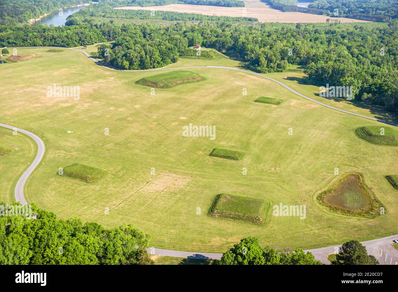 Alabama Moundville Archaeological Park Site,Middle Mississippian,Native American Indian village,aerial overhead view from above platform mound mounds Stock Photo
