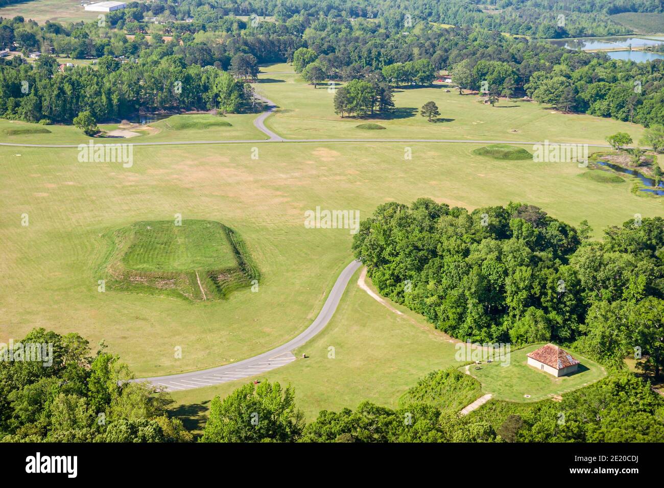 Alabama Moundville Archaeological Park Site,Middle Mississippian Era culture Native American Indian,historical village museum,aerial overhead view,pla Stock Photo