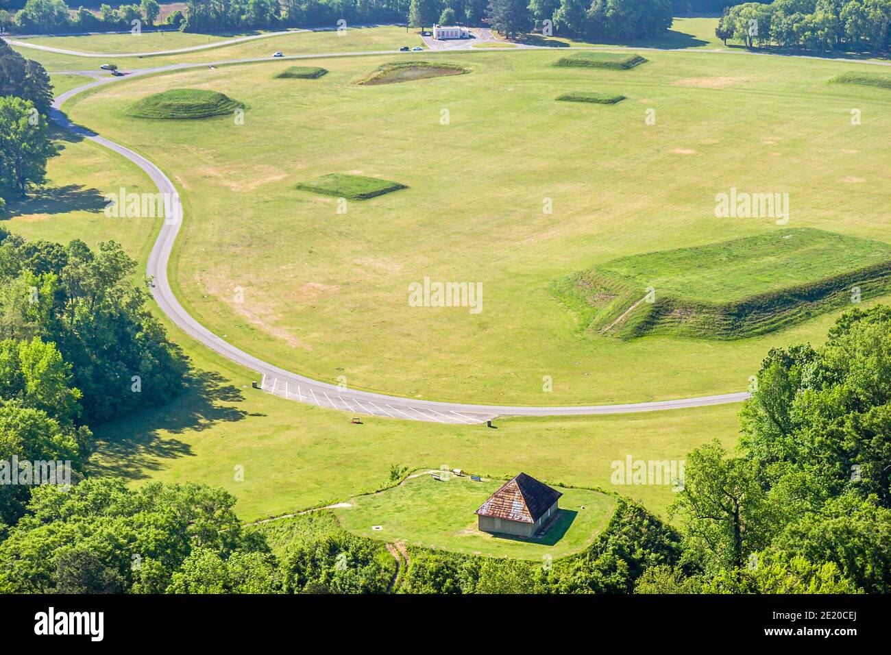 Alabama Moundville Archaeological Park Site,Middle Mississippian Era culture Native American Indian,historical village museum,aerial overhead view fro Stock Photo