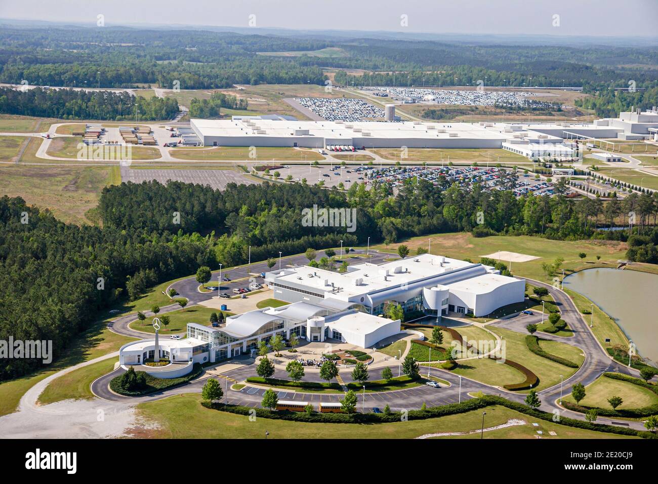 Alabama Vance Mercedes Benz German SUV manufacturing plant,aerial overhead view Visitors Center centre, Stock Photo