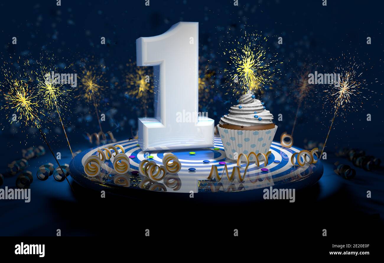 Cupcake with sparkling candle for 1th birthday or anniversary with big number in white with yellow streamers on blue table with dark background full o Stock Photo