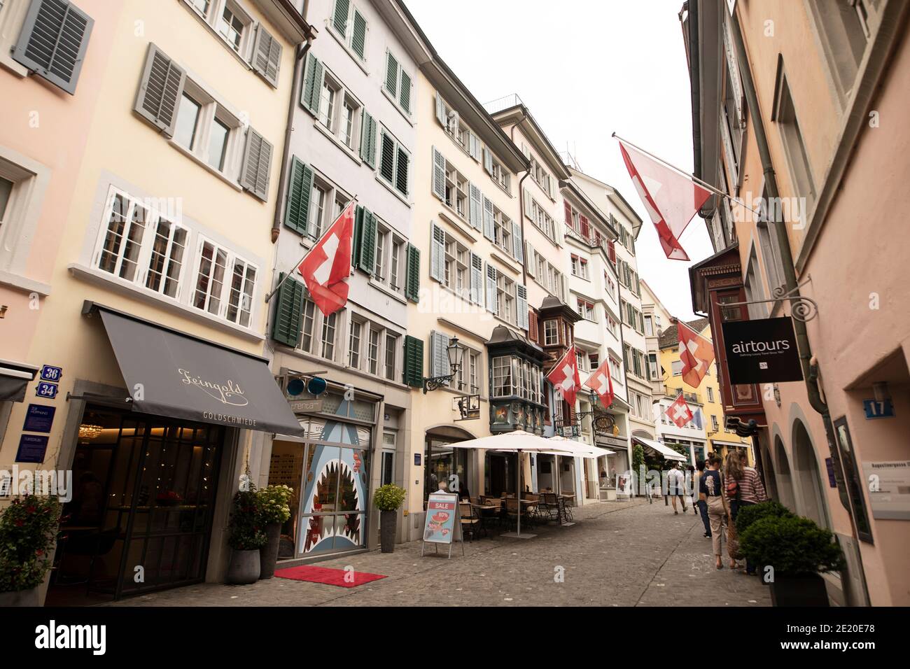Shops and restaurants on Augustinergasse in the historic city of Zurich, Switzerland. Stock Photo