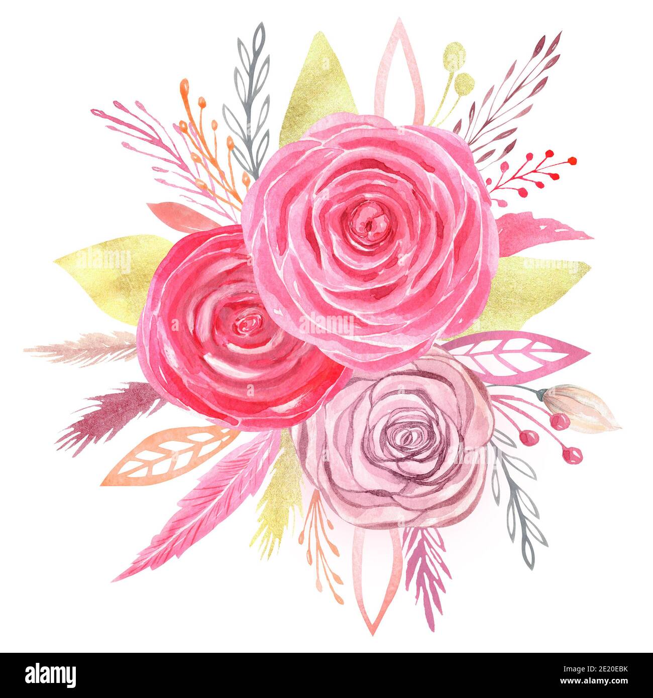 Watercolor floral arrangement clipart. Hand painted red roses wedding