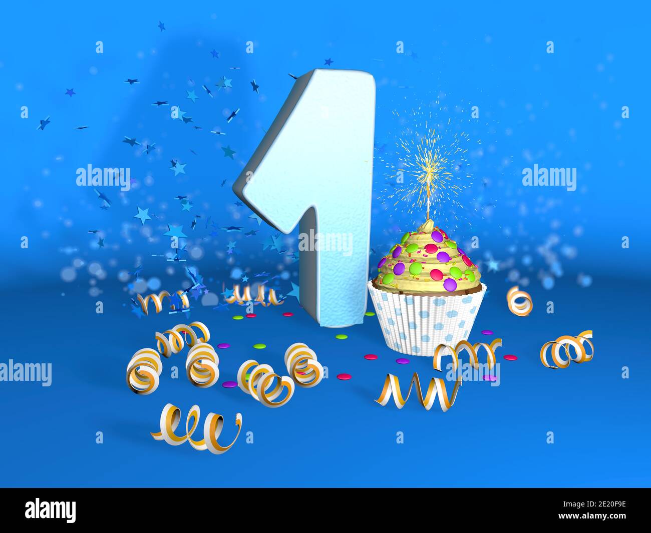 Cupcake with sparkling candle for birthday or anniversary 1 with the big number in white with yellow streamers on the blue background. 3d illustration Stock Photo