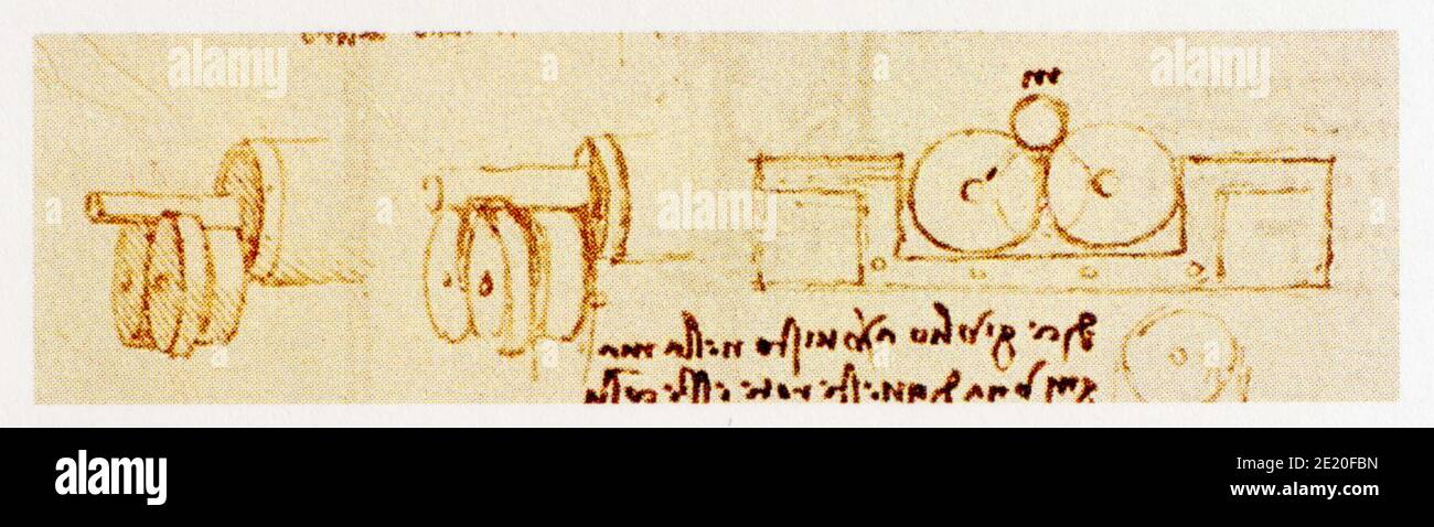 Leonardo da Vinci. 1452-1519. Supports à disques verticaux multiples pour réduire le frottement d'un axe horizontal rotatif Stock Photo
