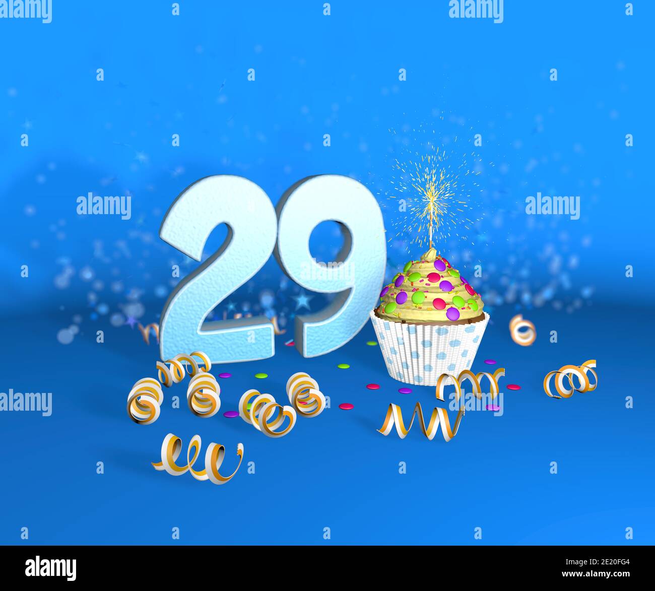 Cupcake with sparkling candle for birthday or anniversary 29 with the big number in white with yellow streamers on the blue background. 3d illustratio Stock Photo