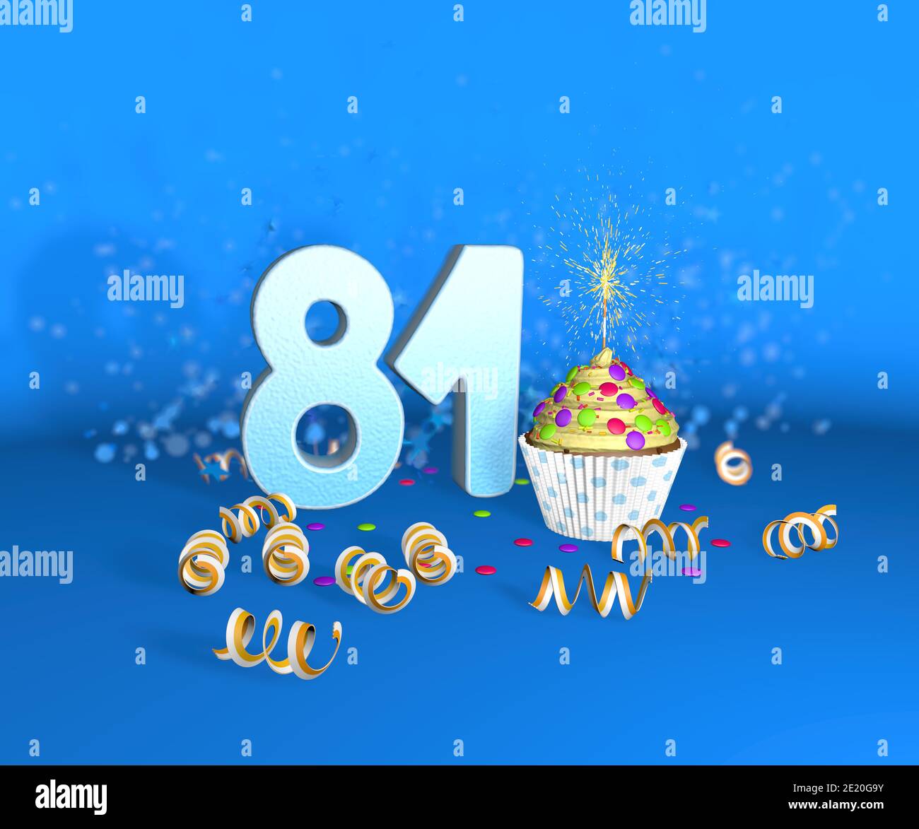 Cupcake with sparkling candle for birthday or anniversary 81 with the big number in white with yellow streamers on the blue background. 3d illustratio Stock Photo