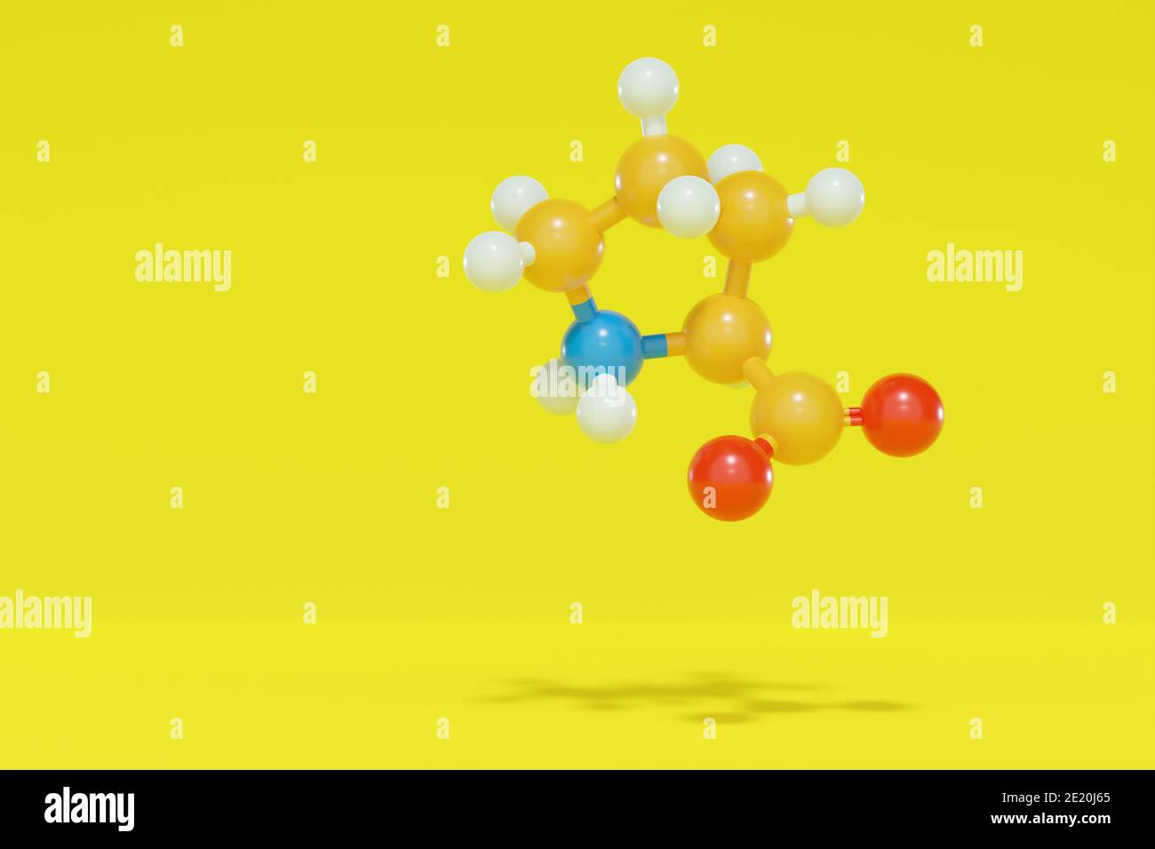 Proline (l-proline, Pro) amino acid molecule. 3D rendering. Ball and stick molecular model with atoms shown as color-coded spheres: hydrogen (white), Stock Photo